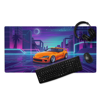 Toyota GR Supra A90 Inspired Orange Purple Vaporwave Gaming Mouse Pad, Neon Retro Futuristic JDM Desk Mat with Cyberpunk City Sports Car Art