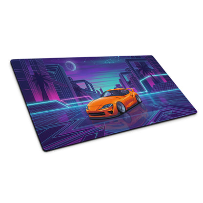 Toyota GR Supra A90 Inspired Orange Purple Vaporwave Gaming Mouse Pad, Neon Retro Futuristic JDM Desk Mat with Cyberpunk City Sports Car Art