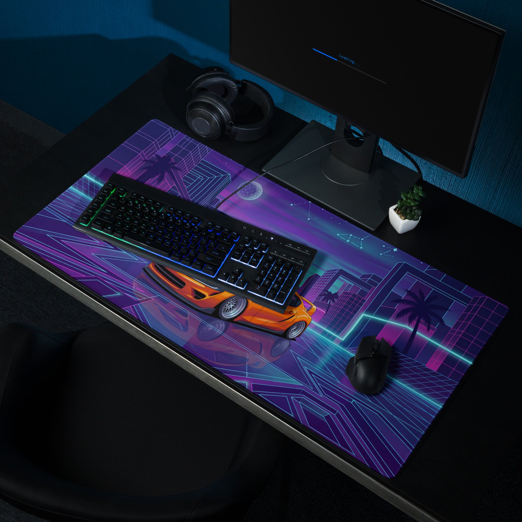 Toyota GR Supra A90 Inspired Orange Purple Vaporwave Gaming Mouse Pad, Neon Retro Futuristic JDM Desk Mat with Cyberpunk City Sports Car Art