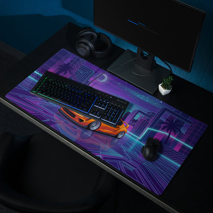Toyota GR Supra A90 Inspired Orange Purple Vaporwave Gaming Mouse Pad, Neon Retro Futuristic JDM Desk Mat with Cyberpunk City Sports Car Art
