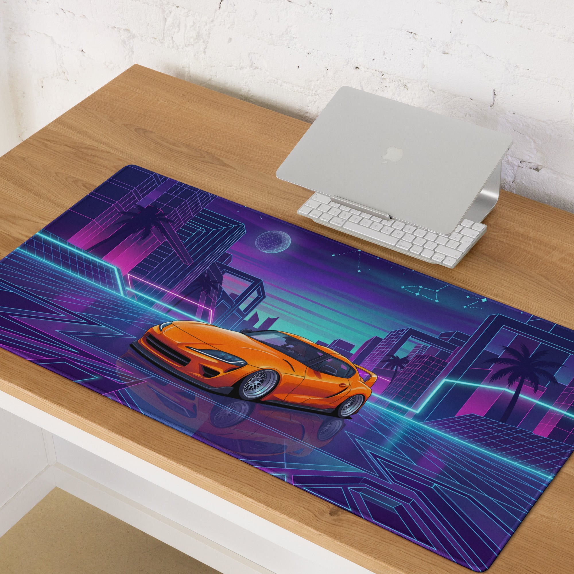 Toyota GR Supra A90 Inspired Orange Purple Vaporwave Gaming Mouse Pad, Neon Retro Futuristic JDM Desk Mat with Cyberpunk City Sports Car Art
