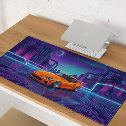 Toyota GR Supra A90 Inspired Orange Purple Vaporwave Gaming Mouse Pad, Neon Retro Futuristic JDM Desk Mat with Cyberpunk City Sports Car Art