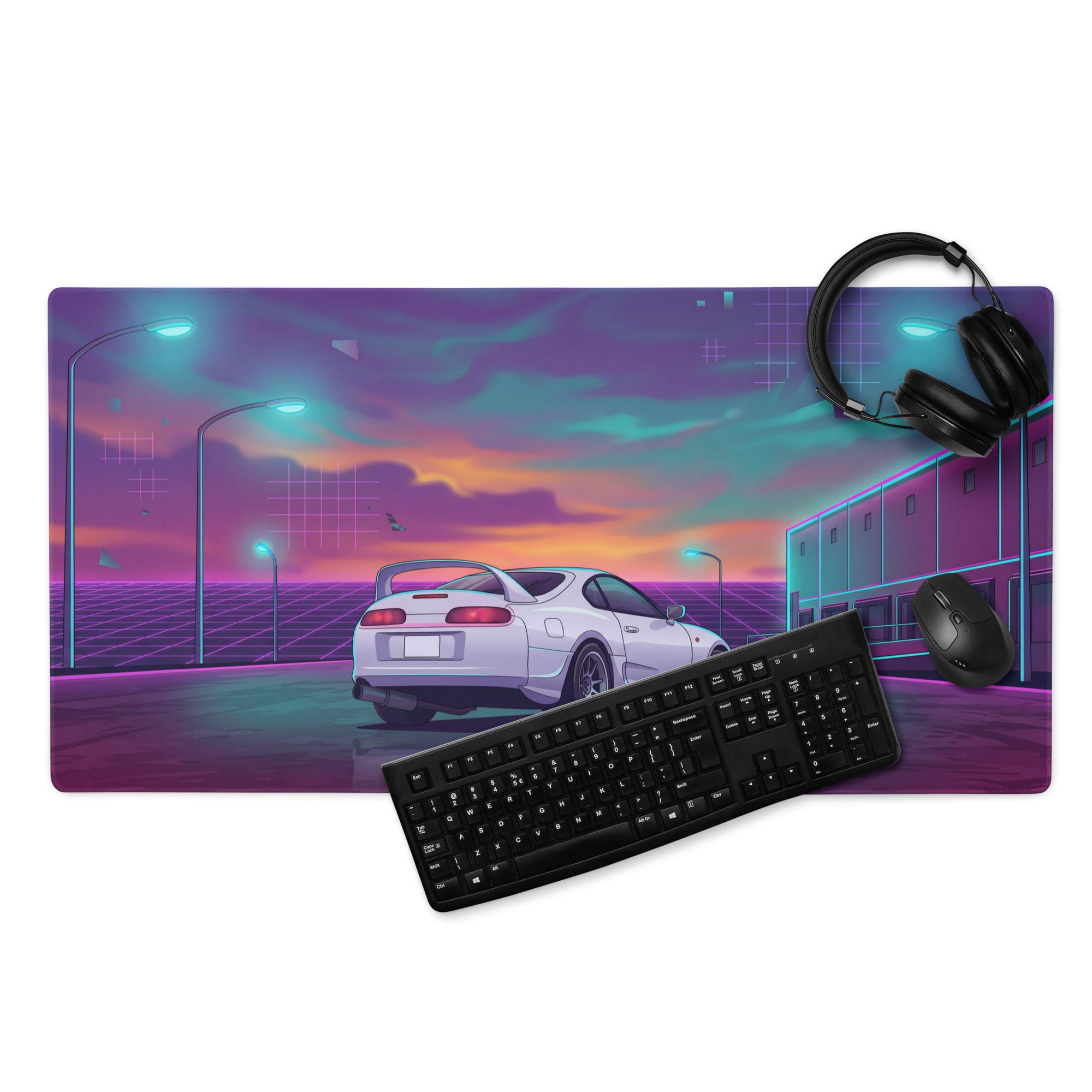 Toyota Supra MK4 Inspired White Purple Vaporwave Gaming Mouse Pad, Neon Retro Futuristic JDM Desk Mat with Synthwave Sunset Sports Car Art