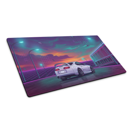 Toyota Supra MK4 Inspired White Purple Vaporwave Gaming Mouse Pad, Neon Retro Futuristic JDM Desk Mat with Synthwave Sunset Sports Car Art