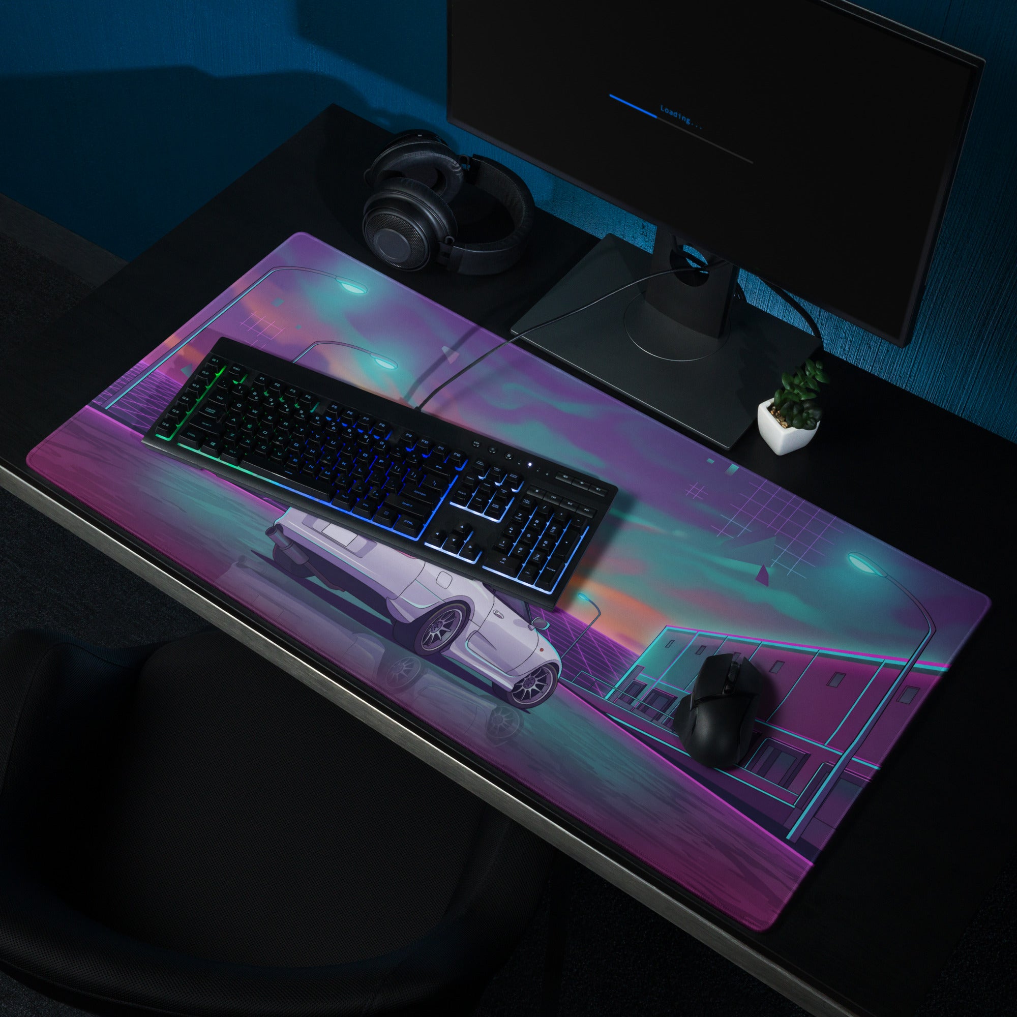 Toyota Supra MK4 Inspired White Purple Vaporwave Gaming Mouse Pad, Neon Retro Futuristic JDM Desk Mat with Synthwave Sunset Sports Car Art