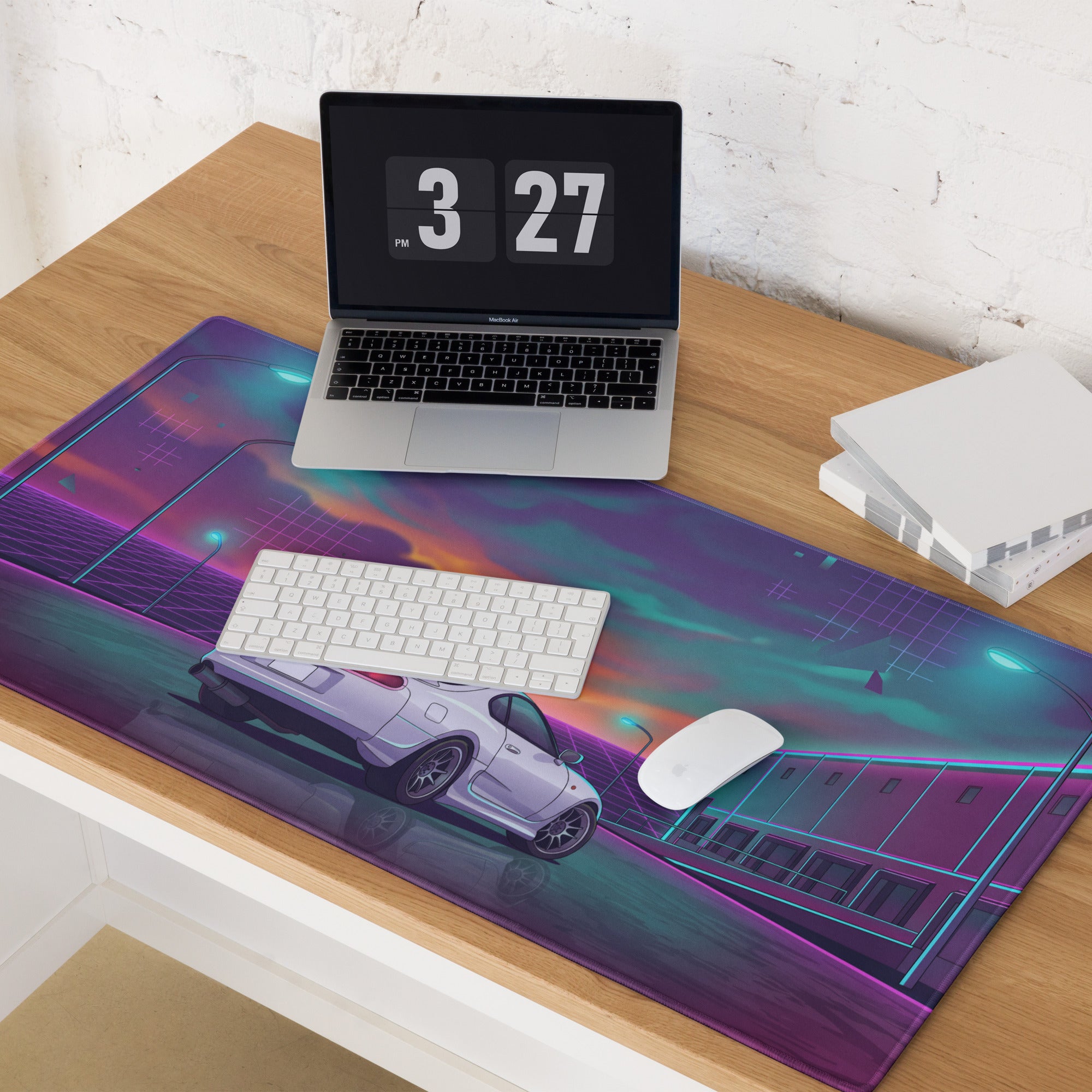 Toyota Supra MK4 Inspired White Purple Vaporwave Gaming Mouse Pad, Neon Retro Futuristic JDM Desk Mat with Synthwave Sunset Sports Car Art