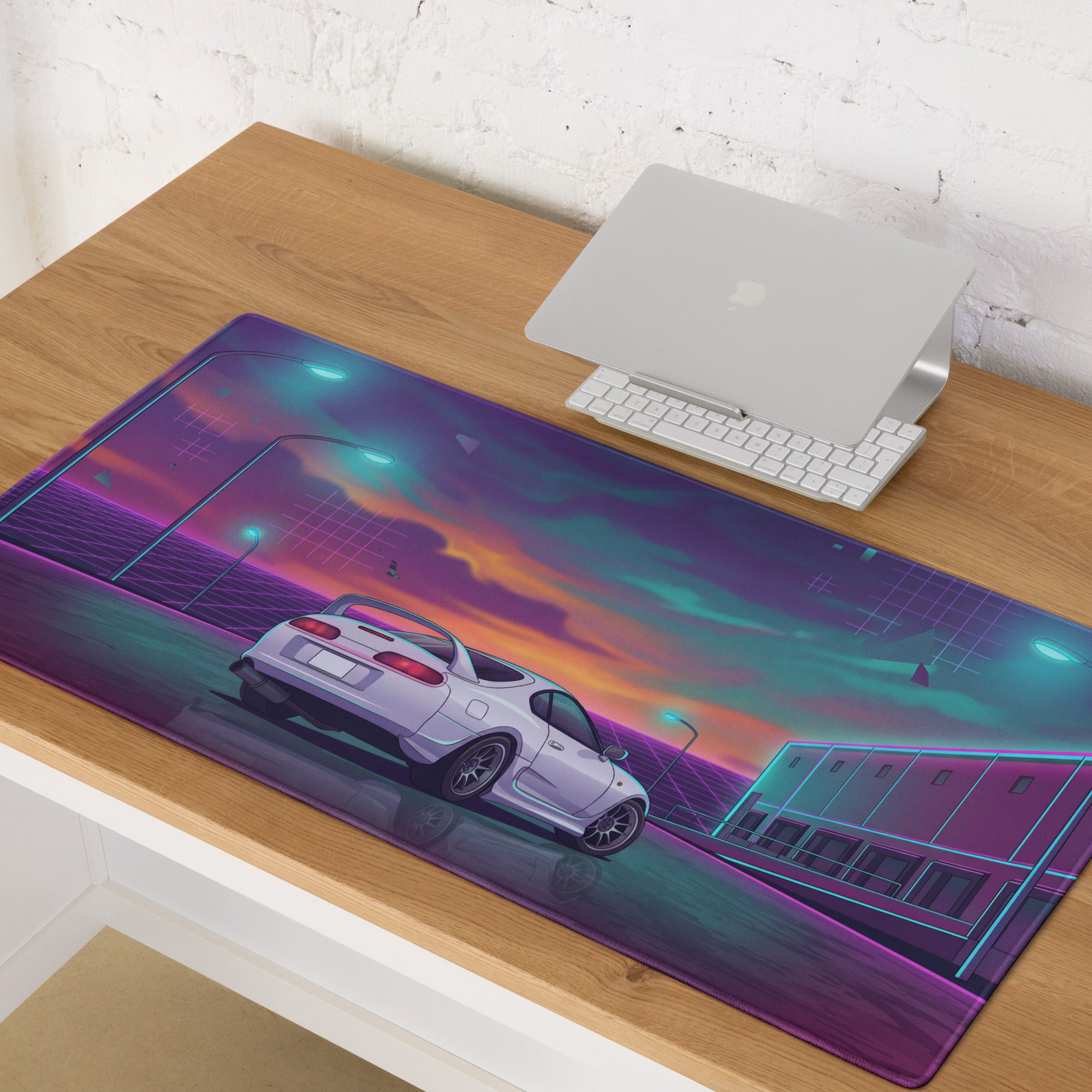 Toyota Supra MK4 Inspired White Purple Vaporwave Gaming Mouse Pad, Neon Retro Futuristic JDM Desk Mat with Synthwave Sunset Sports Car Art