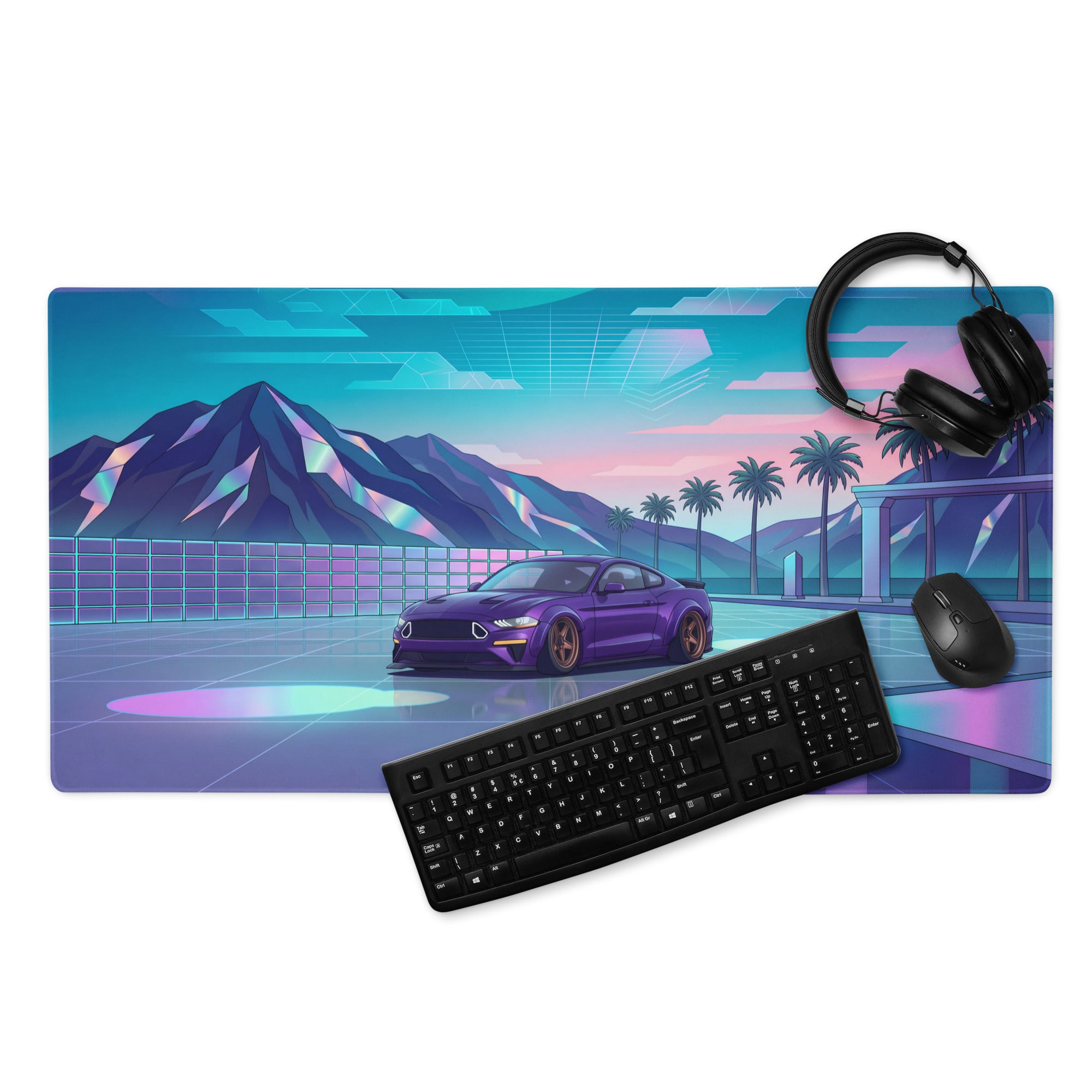 Ford Mustang GT Inspired Purple Vaporwave Gaming Mouse Pad – Neon Mountain Sunset Desk Mat with Retro Futuristic Palm Trees and Synthwave Art