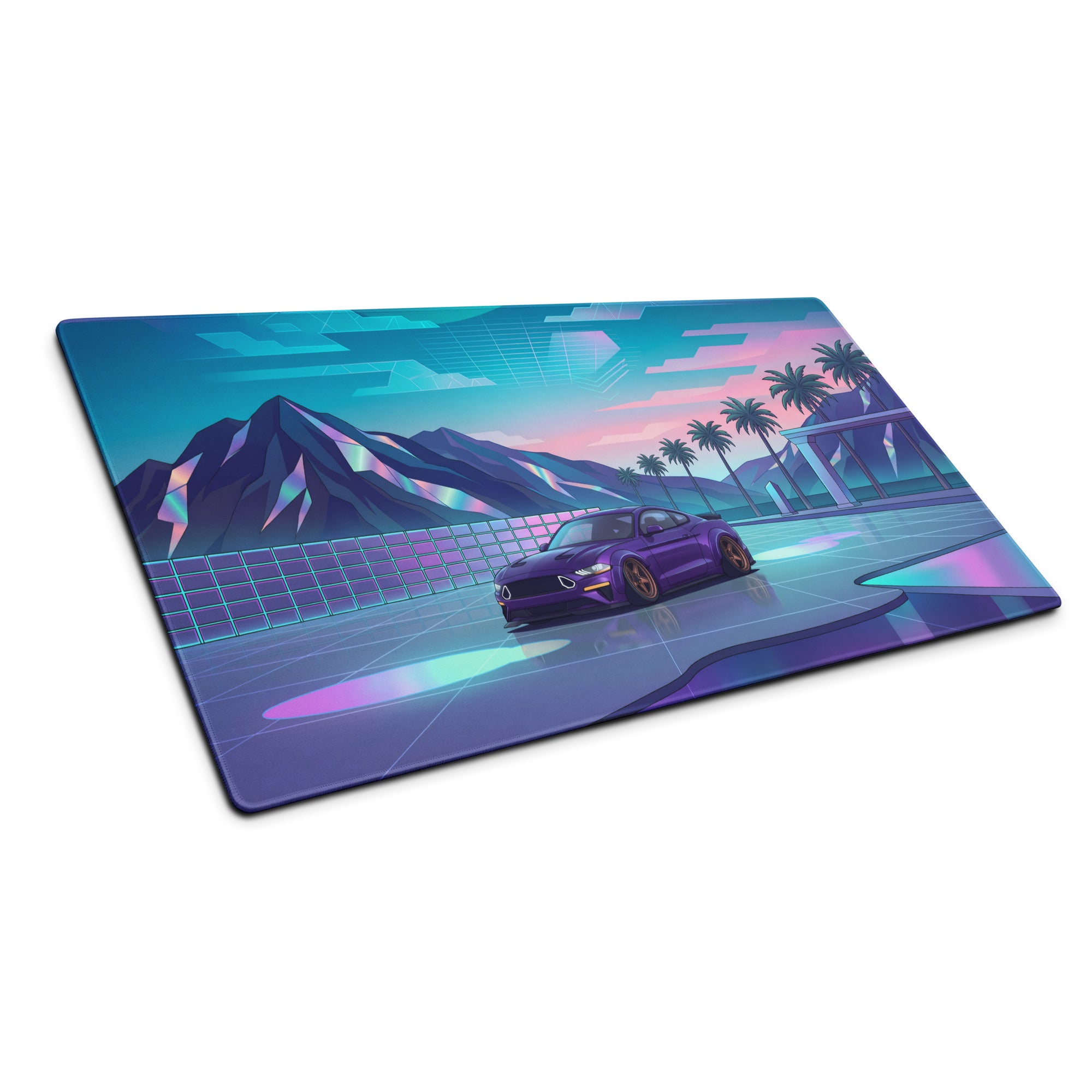 Ford Mustang GT Inspired Purple Vaporwave Gaming Mouse Pad – Neon Mountain Sunset Desk Mat with Retro Futuristic Palm Trees and Synthwave Art