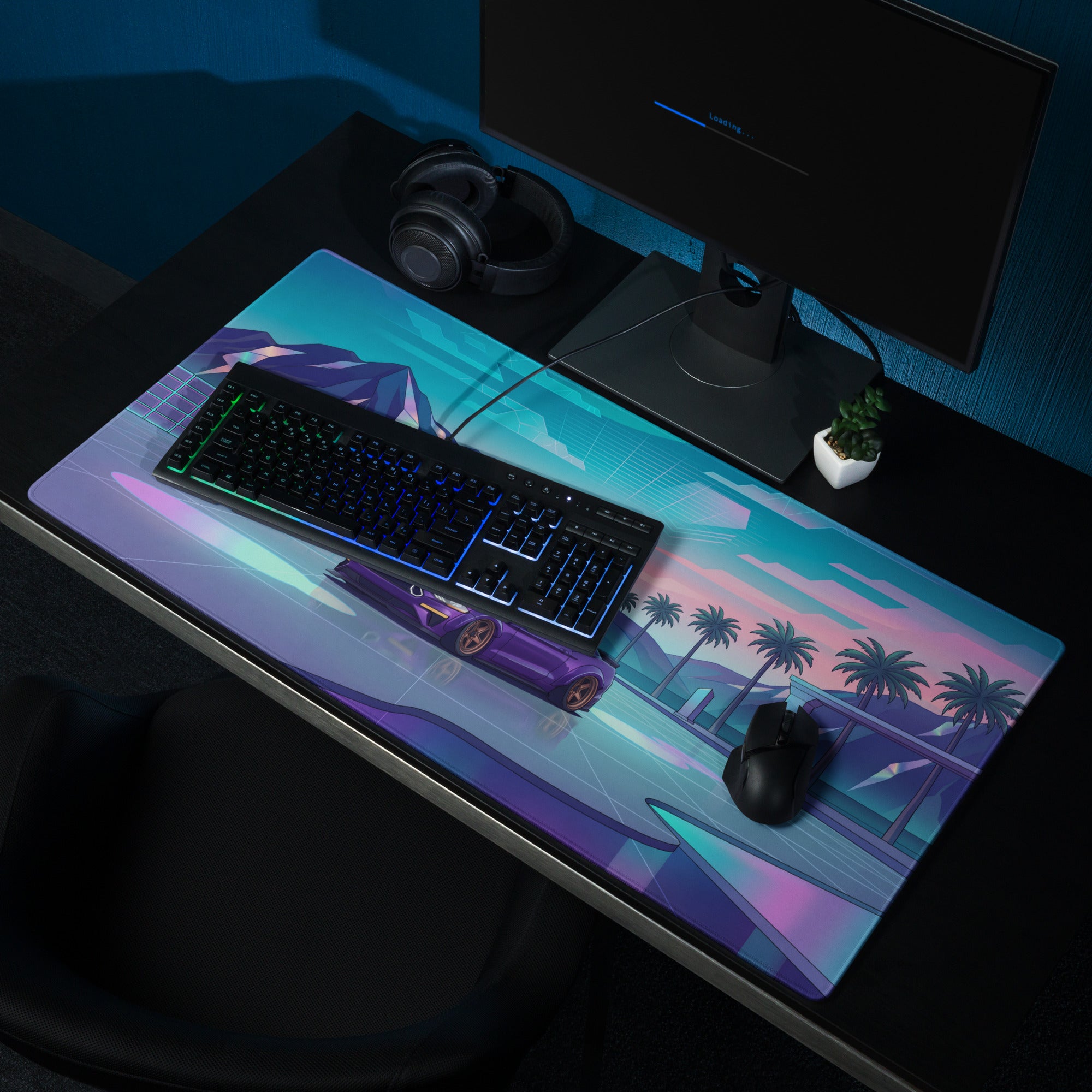 Ford Mustang GT Inspired Purple Vaporwave Gaming Mouse Pad – Neon Mountain Sunset Desk Mat with Retro Futuristic Palm Trees and Synthwave Art