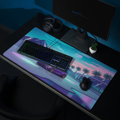 Ford Mustang GT Inspired Purple Vaporwave Gaming Mouse Pad – Neon Mountain Sunset Desk Mat with Retro Futuristic Palm Trees and Synthwave Art