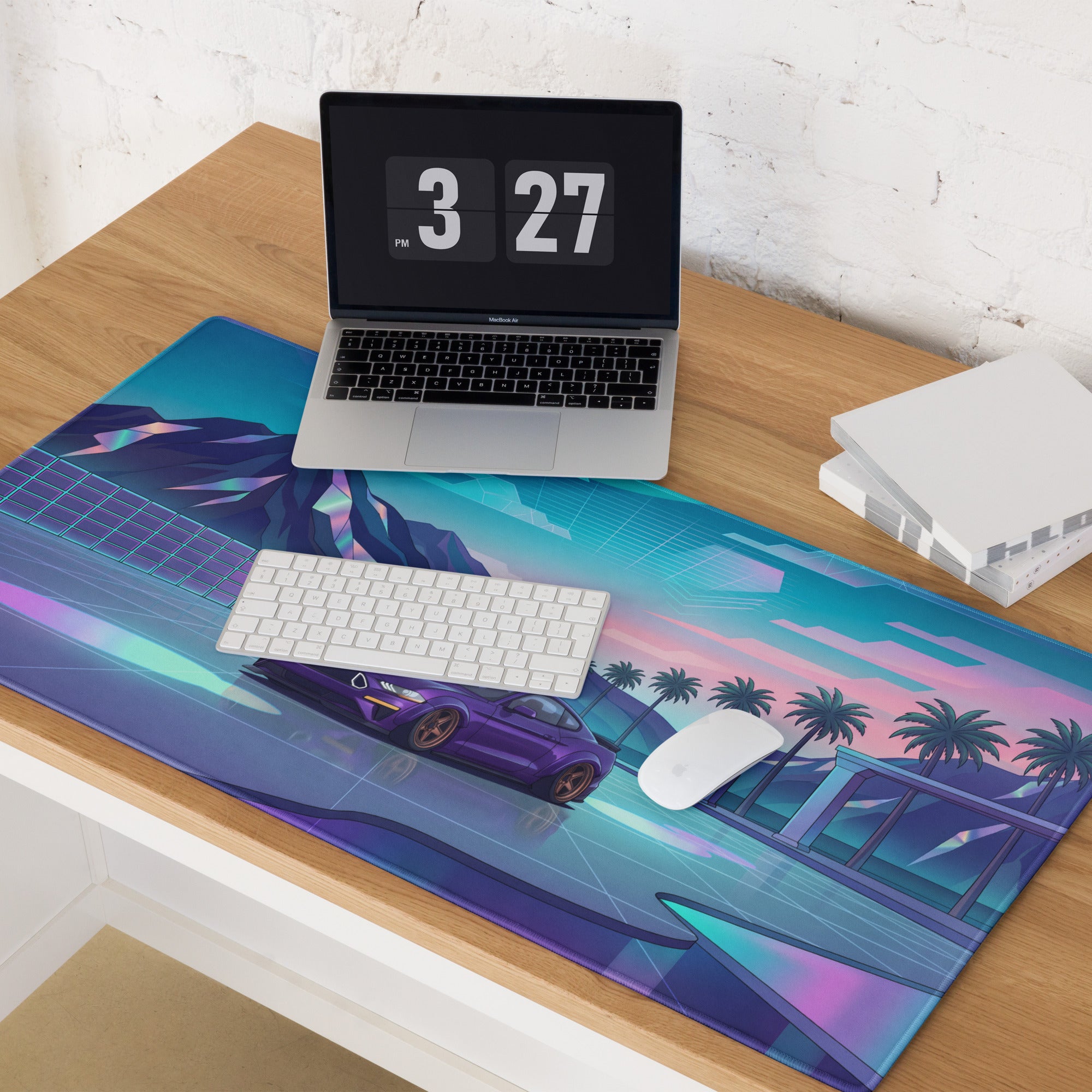 Ford Mustang GT Inspired Purple Vaporwave Gaming Mouse Pad – Neon Mountain Sunset Desk Mat with Retro Futuristic Palm Trees and Synthwave Art
