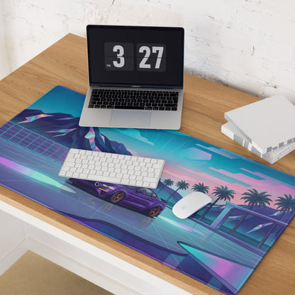 Ford Mustang GT Inspired Purple Vaporwave Gaming Mouse Pad – Neon Mountain Sunset Desk Mat with Retro Futuristic Palm Trees and Synthwave Art