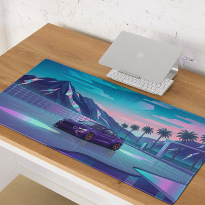Ford Mustang GT Inspired Purple Vaporwave Gaming Mouse Pad – Neon Mountain Sunset Desk Mat with Retro Futuristic Palm Trees and Synthwave Art