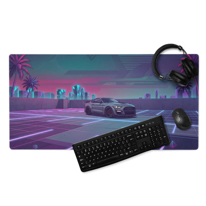 Ford Mustang Shelby GT500 Inspired Gray Vaporwave Gaming Mouse Pad – Neon Pink Blue Cityscape Desk Mat with Retro Futuristic Palm Tree Art