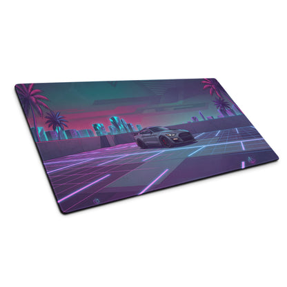Ford Mustang Shelby GT500 Inspired Gray Vaporwave Gaming Mouse Pad – Neon Pink Blue Cityscape Desk Mat with Retro Futuristic Palm Tree Art