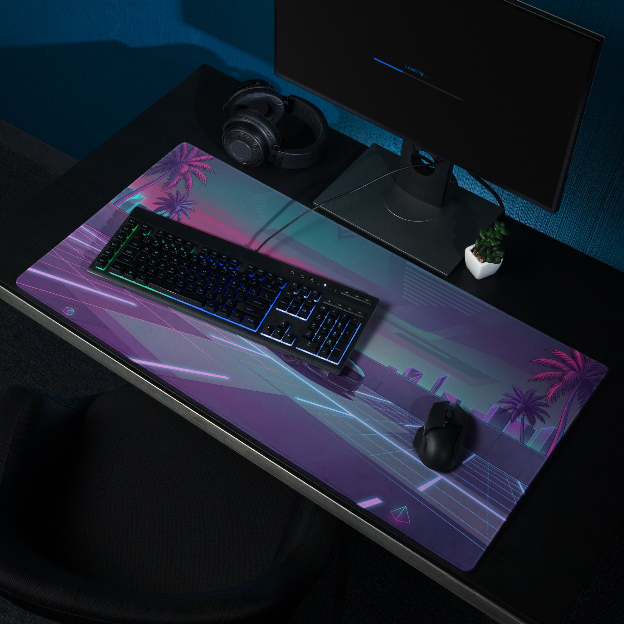 Ford Mustang Shelby GT500 Inspired Gray Vaporwave Gaming Mouse Pad – Neon Pink Blue Cityscape Desk Mat with Retro Futuristic Palm Tree Art