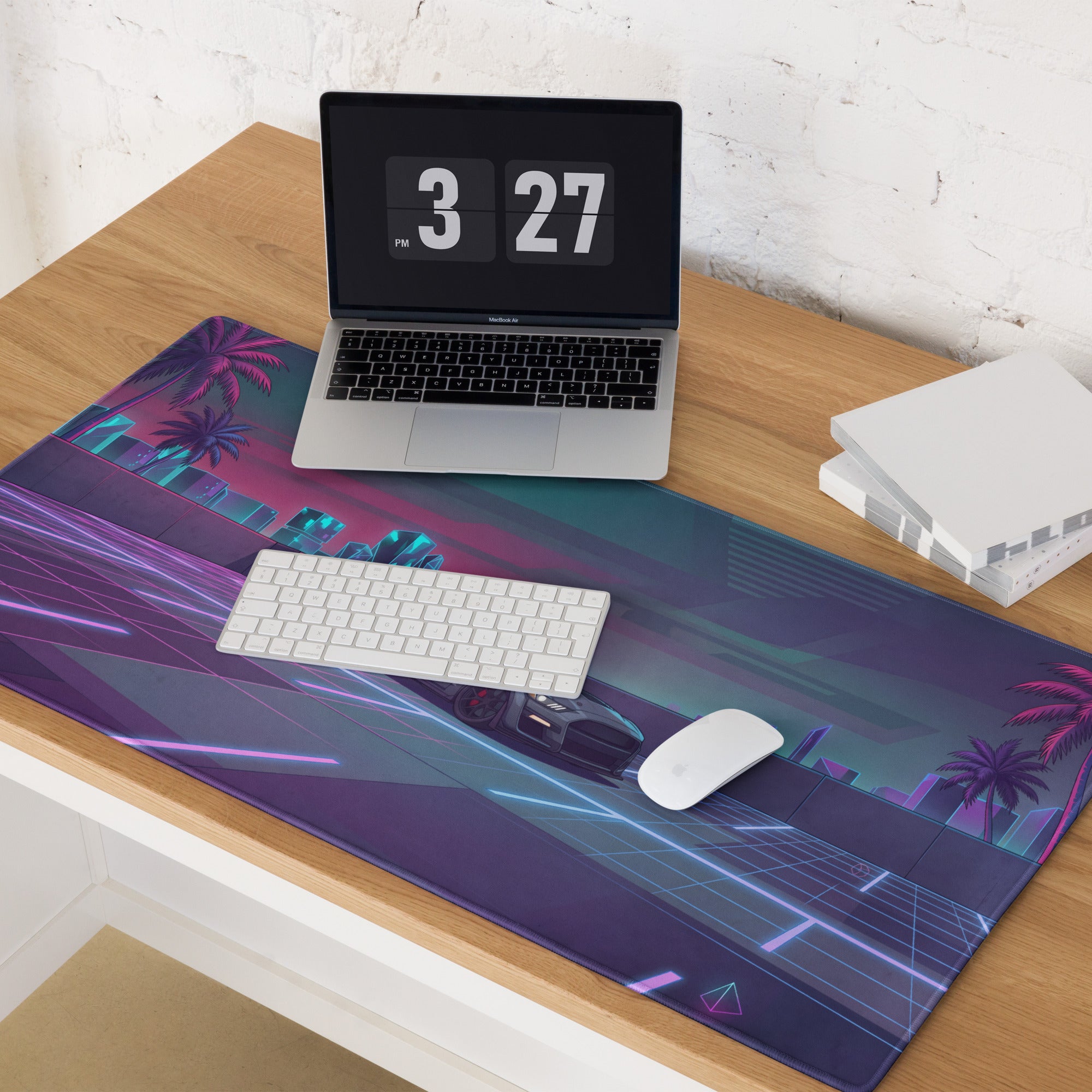Ford Mustang Shelby GT500 Inspired Gray Vaporwave Gaming Mouse Pad – Neon Pink Blue Cityscape Desk Mat with Retro Futuristic Palm Tree Art