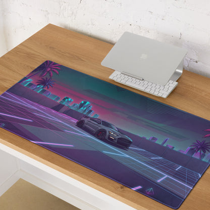 Ford Mustang Shelby GT500 Inspired Gray Vaporwave Gaming Mouse Pad – Neon Pink Blue Cityscape Desk Mat with Retro Futuristic Palm Tree Art