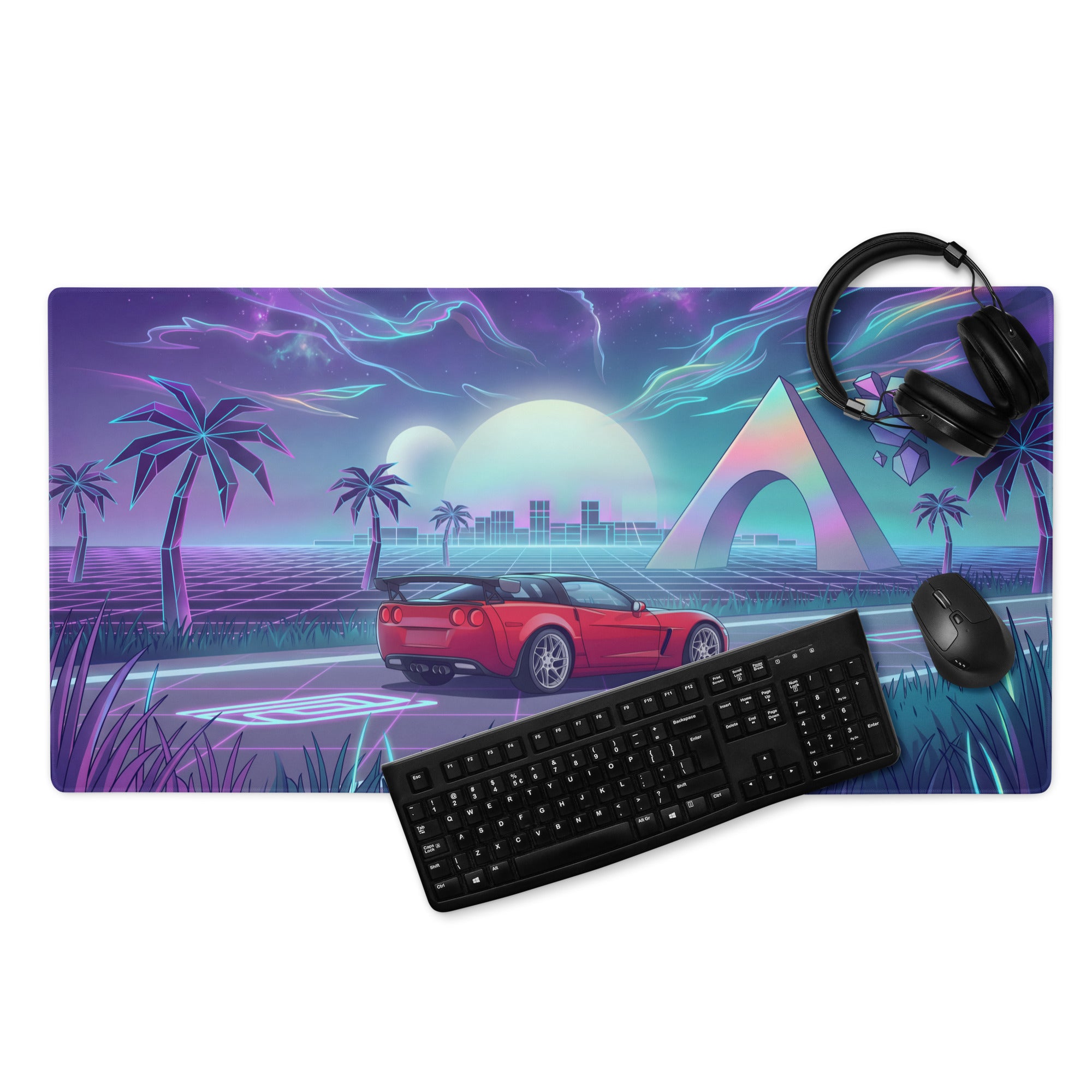 Chevrolet Corvette C6 Z06 Inspired Red Vaporwave Gaming Mouse Pad – Neon Purple Retro Futuristic Road Desk Mat with Palm Trees and Cosmic Synthwave Art