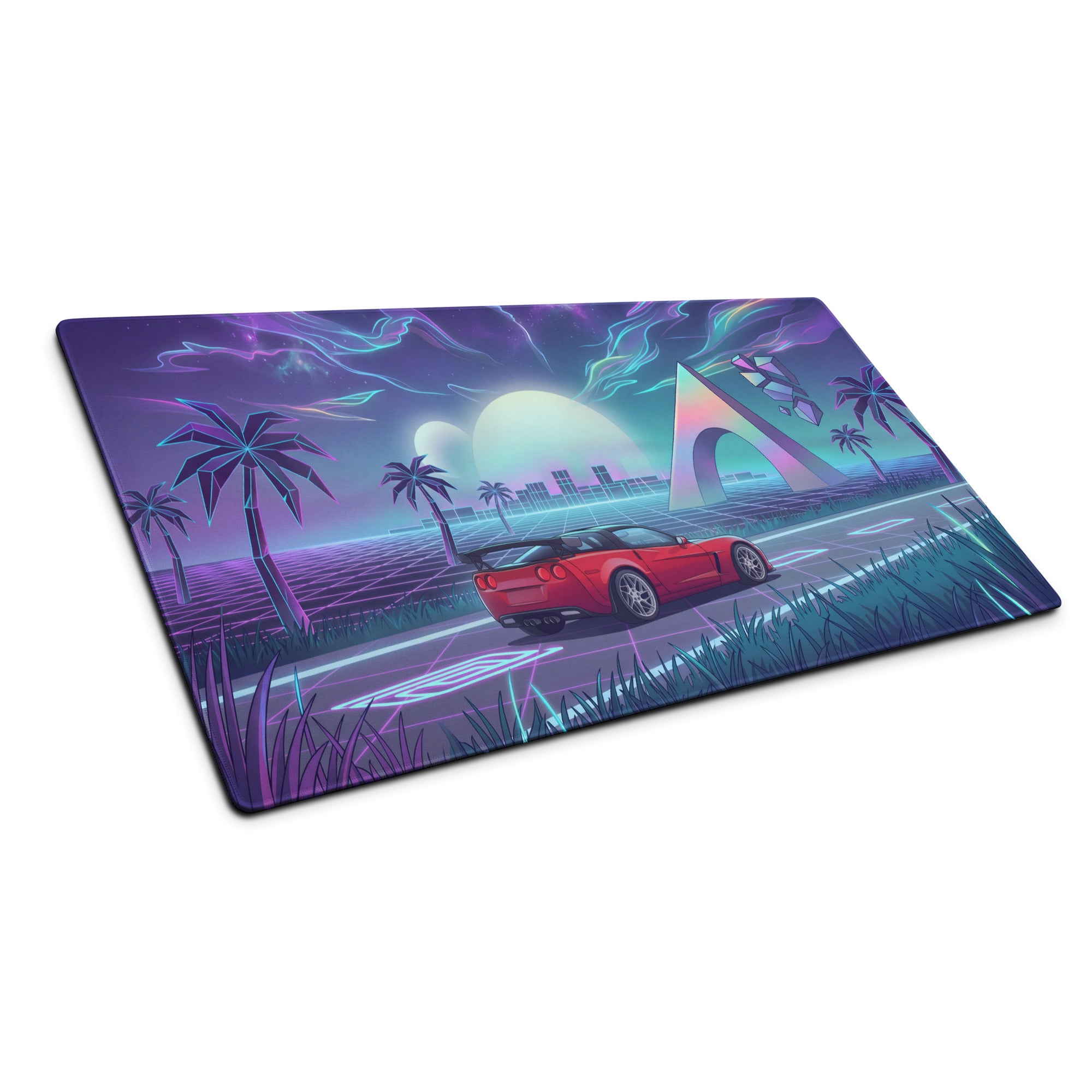 Chevrolet Corvette C6 Z06 Inspired Red Vaporwave Gaming Mouse Pad – Neon Purple Retro Futuristic Road Desk Mat with Palm Trees and Cosmic Synthwave Art