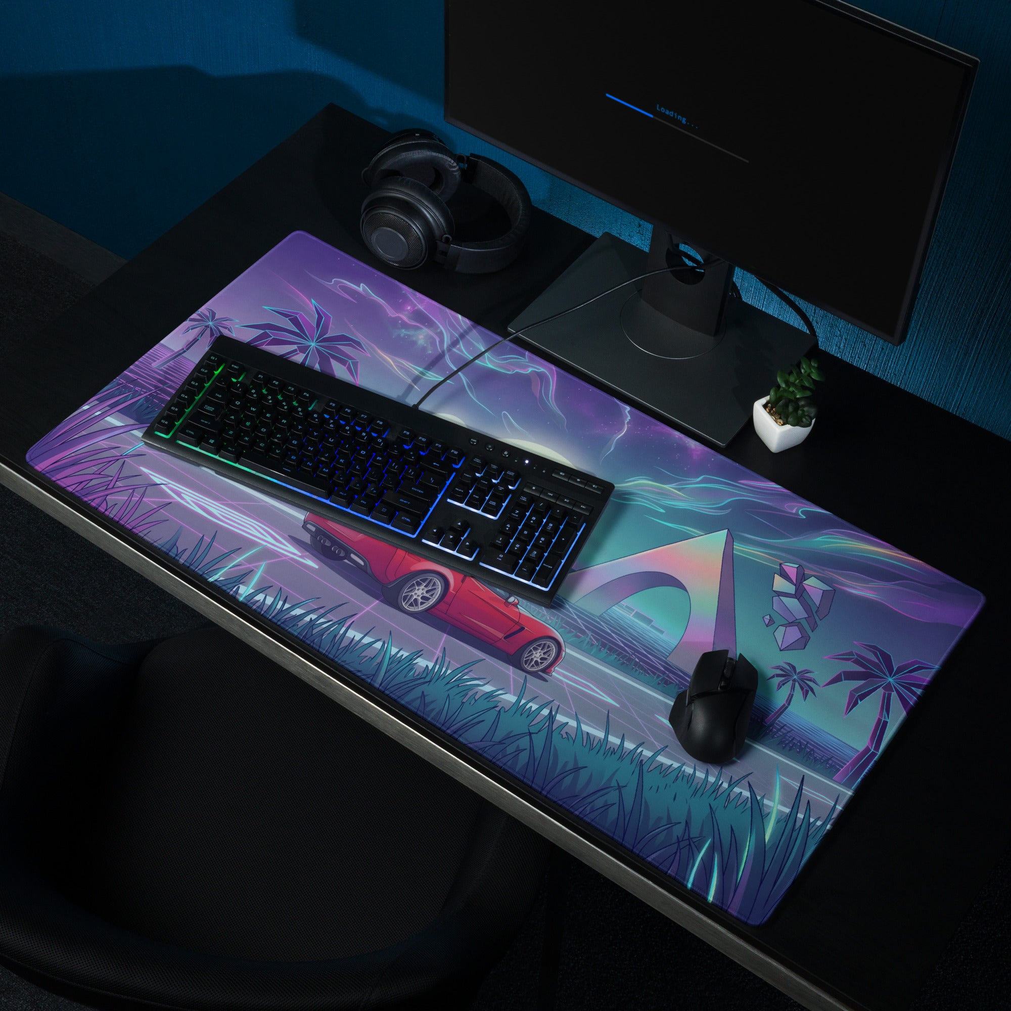 Chevrolet Corvette C6 Z06 Inspired Red Vaporwave Gaming Mouse Pad – Neon Purple Retro Futuristic Road Desk Mat with Palm Trees and Cosmic Synthwave Art