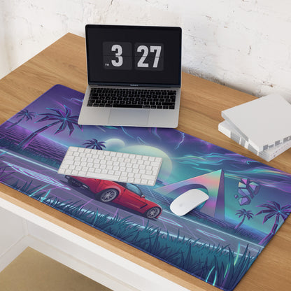 Chevrolet Corvette C6 Z06 Inspired Red Vaporwave Gaming Mouse Pad – Neon Purple Retro Futuristic Road Desk Mat with Palm Trees and Cosmic Synthwave Art