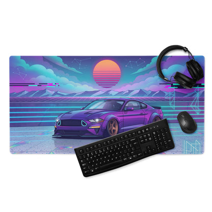 Ford Mustang GT Inspired Purple Vaporwave Gaming Mouse Pad – Neon Blue Retro Futuristic Sunset Desk Mat with Synthwave Mountains and Cyber Grid Art