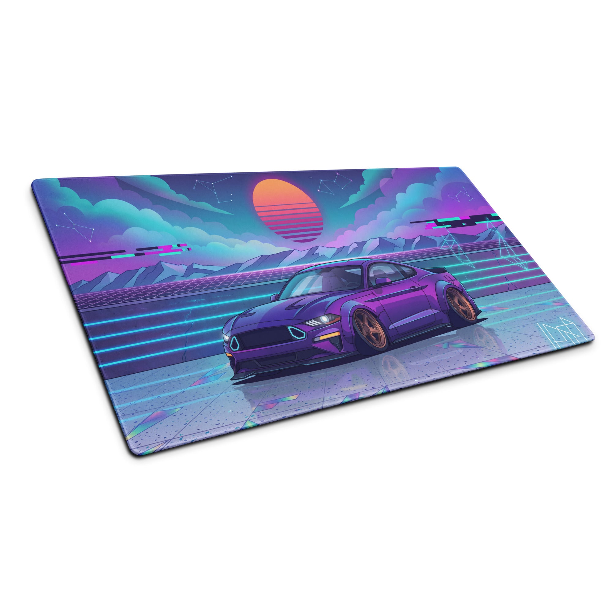 Ford Mustang GT Inspired Purple Vaporwave Gaming Mouse Pad – Neon Blue Retro Futuristic Sunset Desk Mat with Synthwave Mountains and Cyber Grid Art
