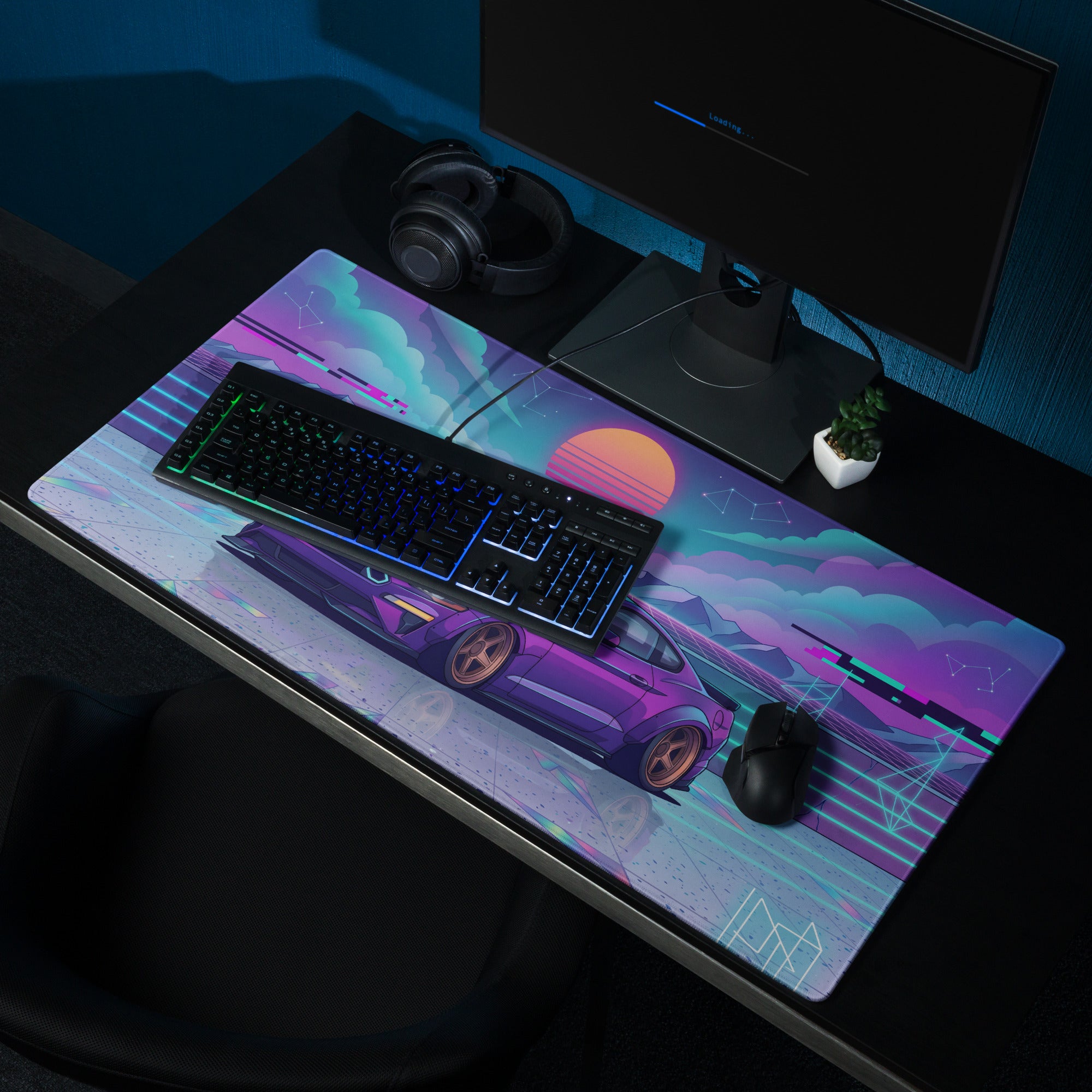 Ford Mustang GT Inspired Purple Vaporwave Gaming Mouse Pad – Neon Blue Retro Futuristic Sunset Desk Mat with Synthwave Mountains and Cyber Grid Art