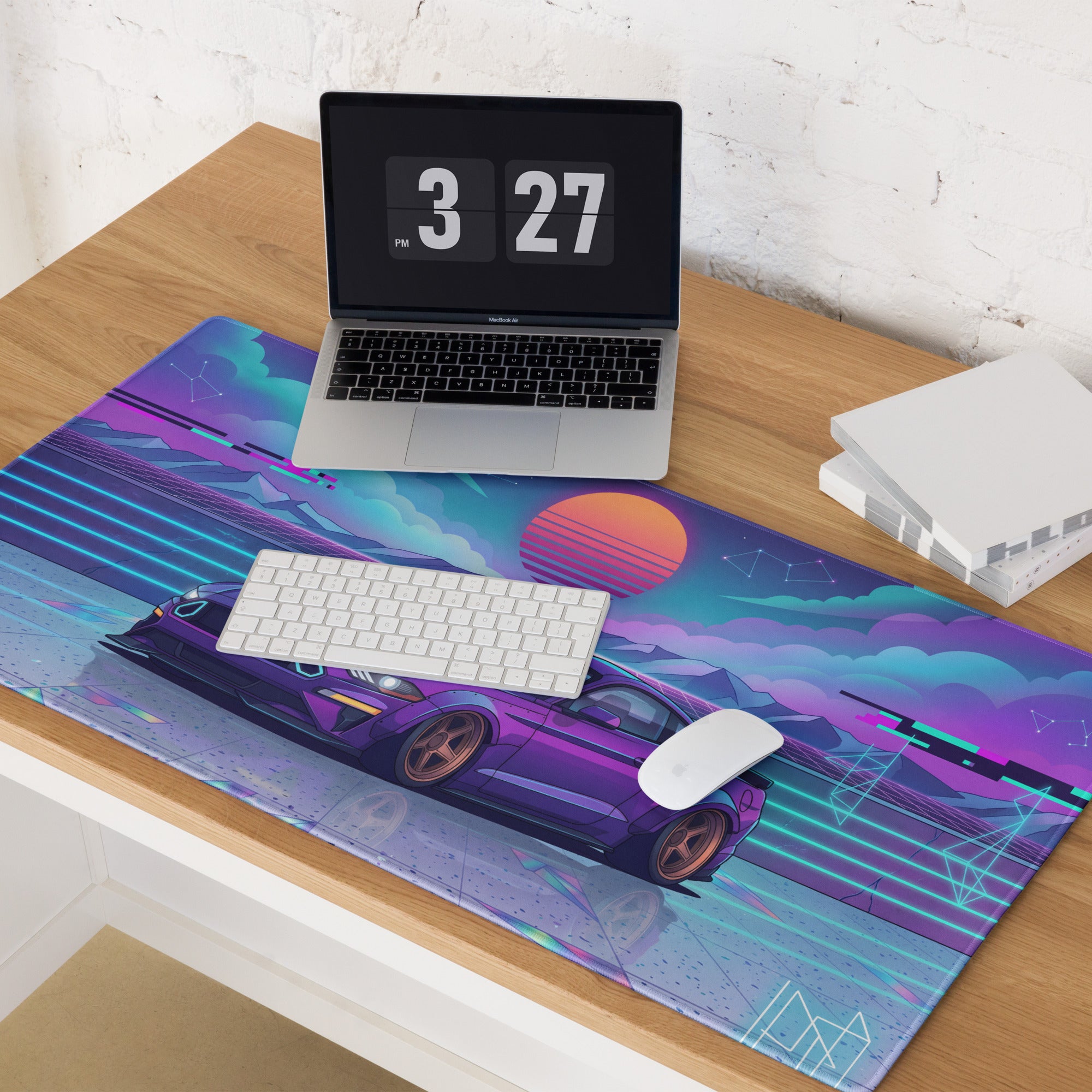 Ford Mustang GT Inspired Purple Vaporwave Gaming Mouse Pad – Neon Blue Retro Futuristic Sunset Desk Mat with Synthwave Mountains and Cyber Grid Art