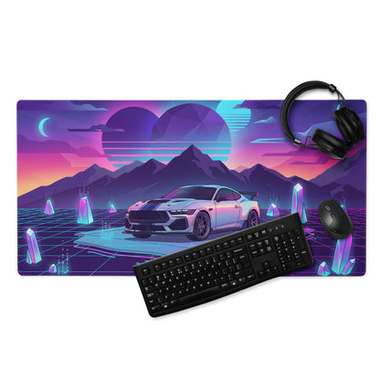 Ford Mustang Dark Horse Inspired Silver Vaporwave Gaming Mouse Pad – Neon Purple Mountain Desk Mat with Retro Futuristic Grid and Crystal Art