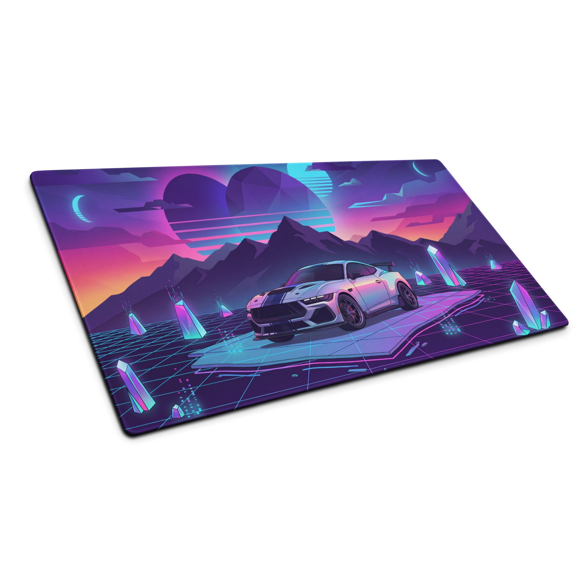 Ford Mustang Dark Horse Inspired Silver Vaporwave Gaming Mouse Pad – Neon Purple Mountain Desk Mat with Retro Futuristic Grid and Crystal Art