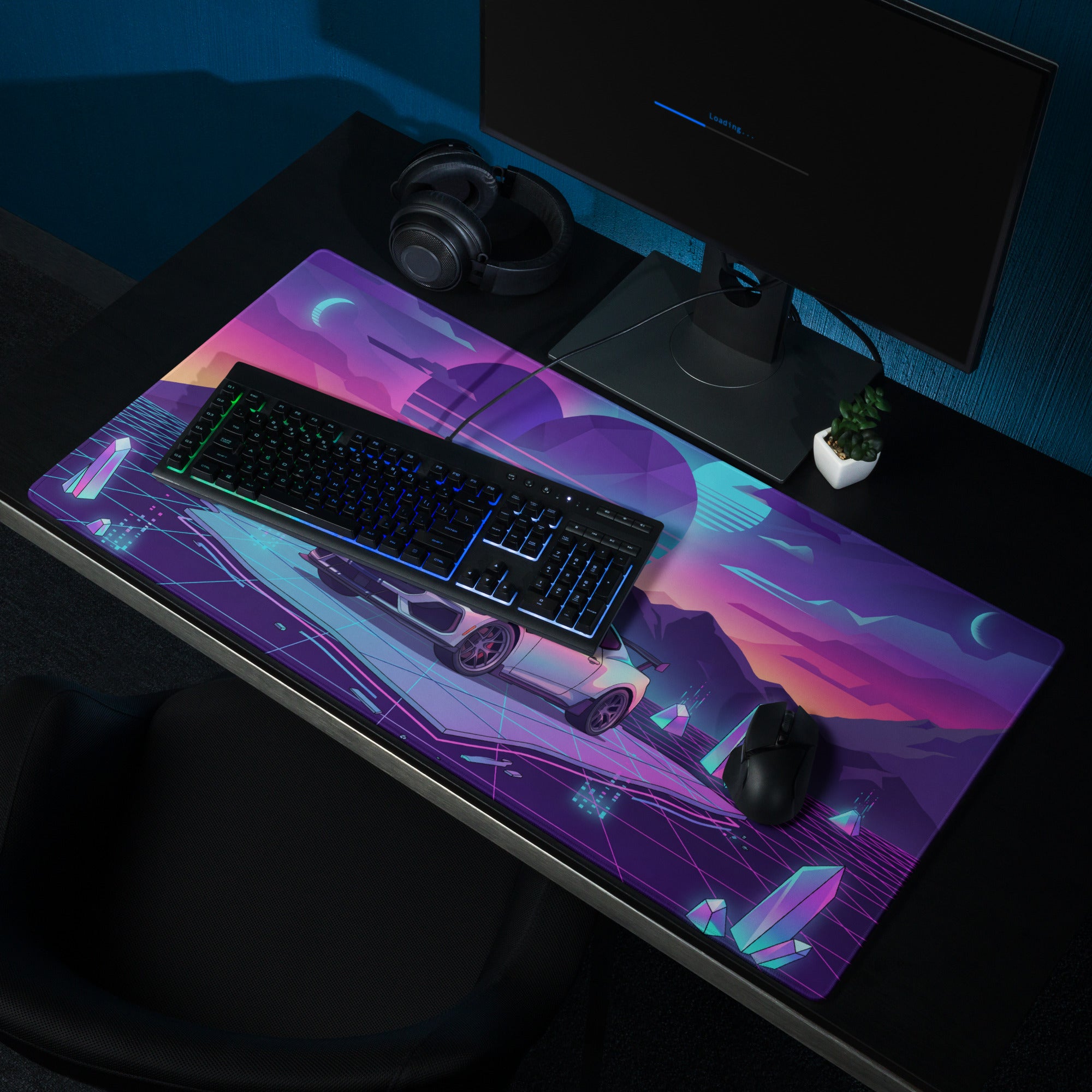 Ford Mustang Dark Horse Inspired Silver Vaporwave Gaming Mouse Pad – Neon Purple Mountain Desk Mat with Retro Futuristic Grid and Crystal Art