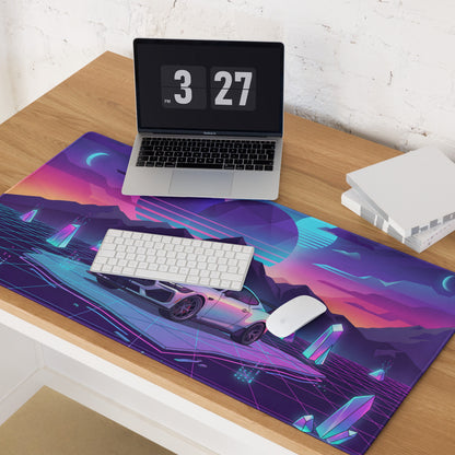 Ford Mustang Dark Horse Inspired Silver Vaporwave Gaming Mouse Pad – Neon Purple Mountain Desk Mat with Retro Futuristic Grid and Crystal Art
