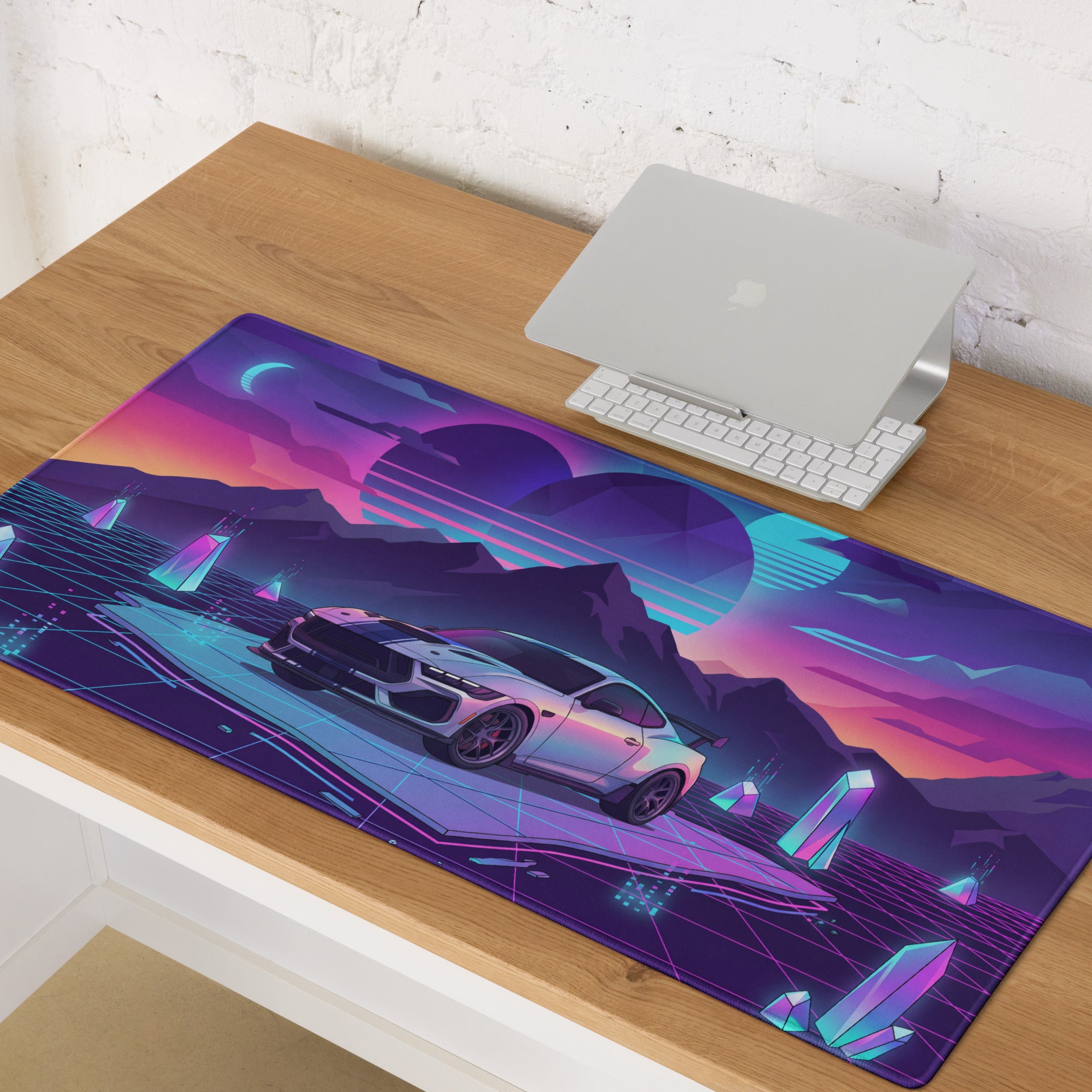 Ford Mustang Dark Horse Inspired Silver Vaporwave Gaming Mouse Pad – Neon Purple Mountain Desk Mat with Retro Futuristic Grid and Crystal Art