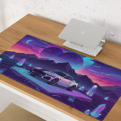 Ford Mustang Dark Horse Inspired Silver Vaporwave Gaming Mouse Pad – Neon Purple Mountain Desk Mat with Retro Futuristic Grid and Crystal Art