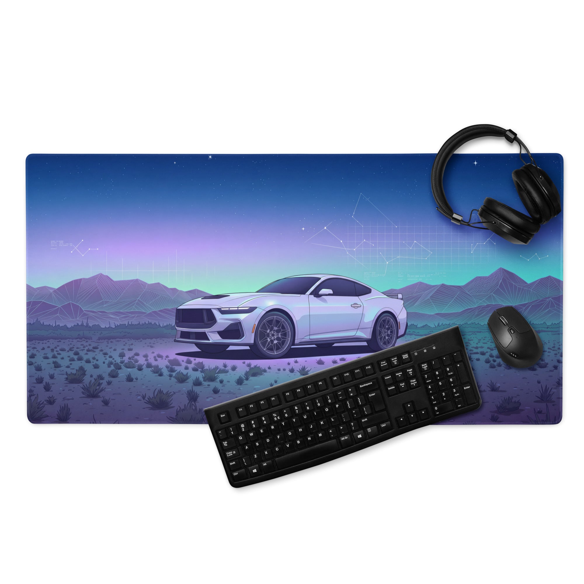 Ford Mustang GT Inspired White Vaporwave Gaming Mouse Pad – Blue Purple Desert Night Desk Mat with Retro Futuristic Mountains and Celestial Art