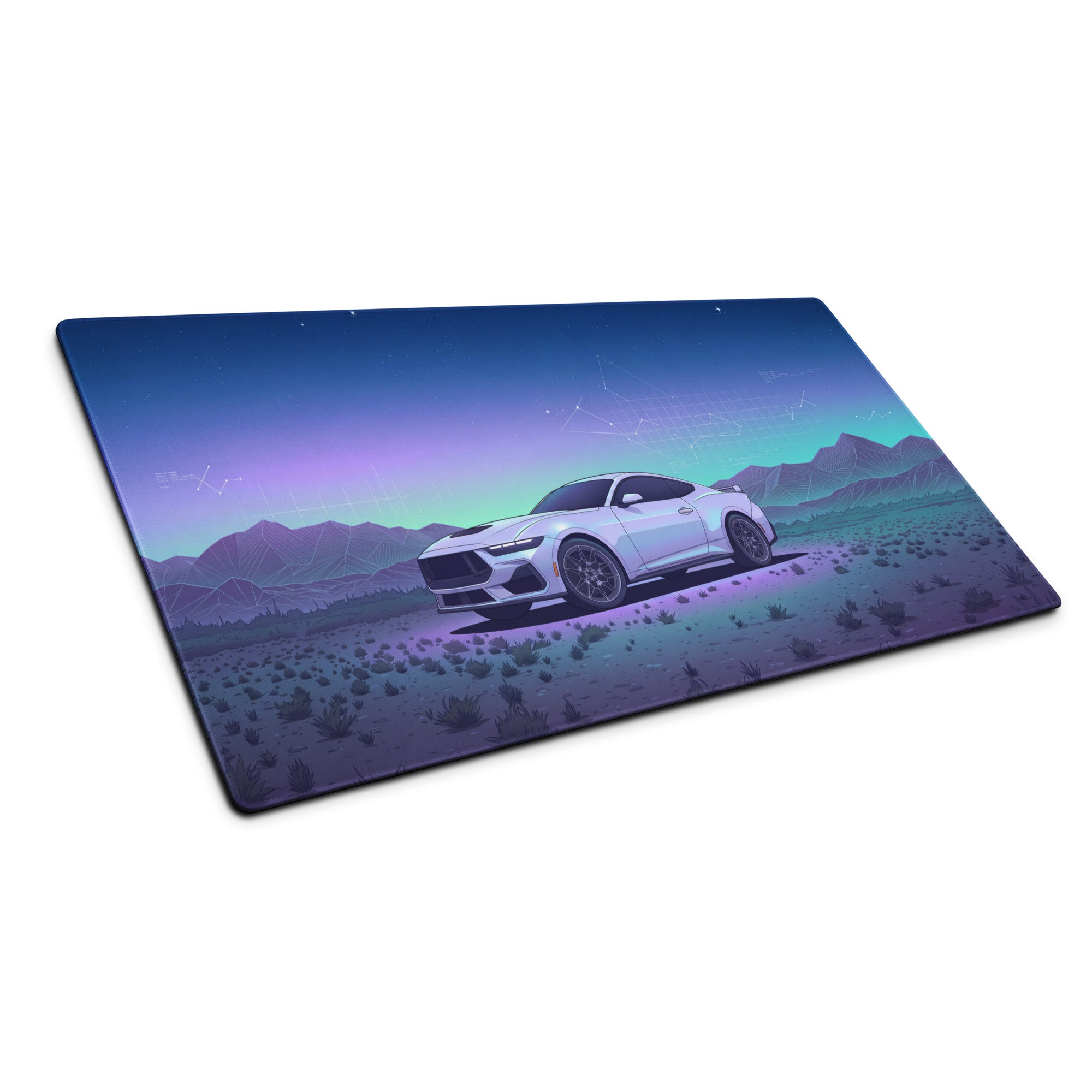 Ford Mustang GT Inspired White Vaporwave Gaming Mouse Pad – Blue Purple Desert Night Desk Mat with Retro Futuristic Mountains and Celestial Art