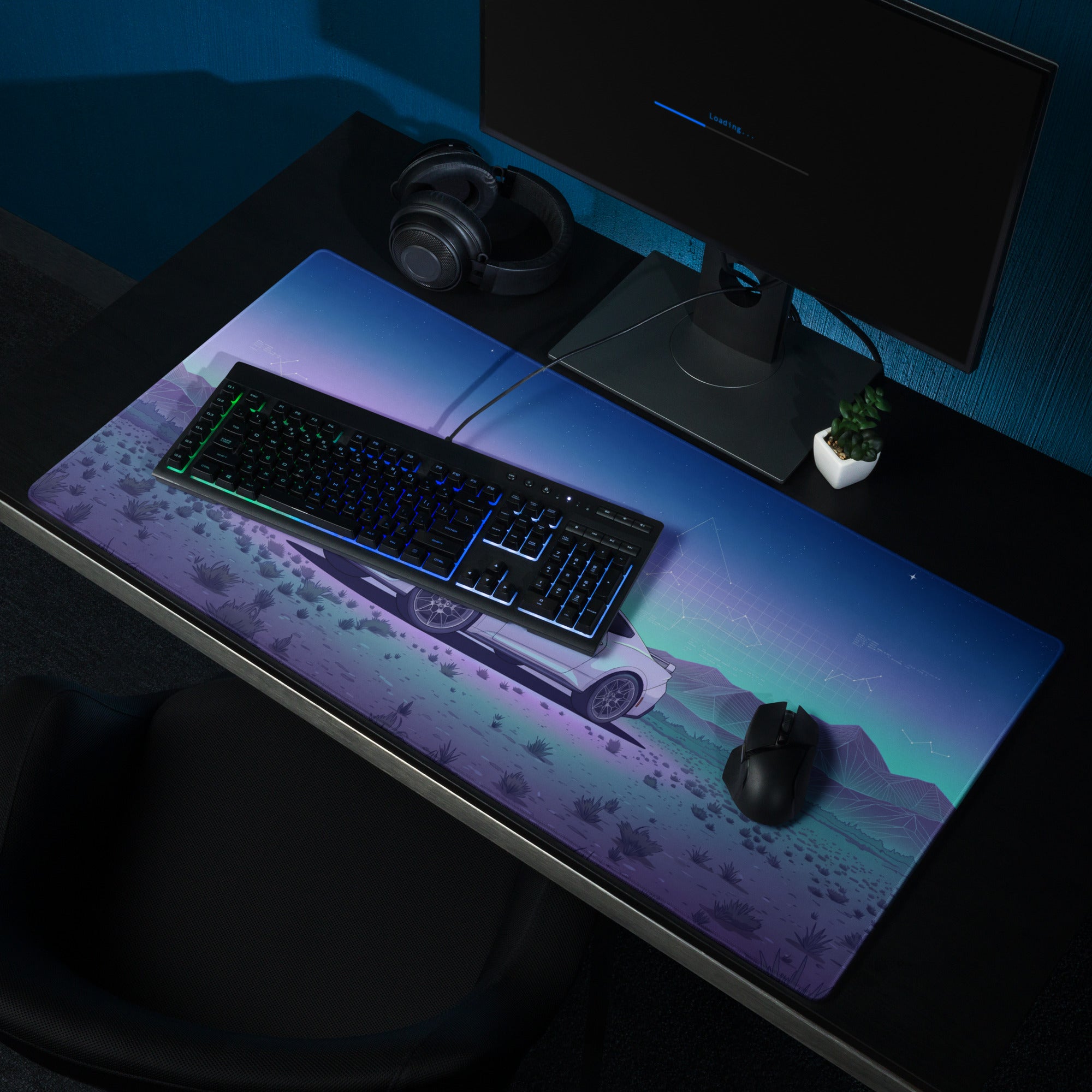 Ford Mustang GT Inspired White Vaporwave Gaming Mouse Pad – Blue Purple Desert Night Desk Mat with Retro Futuristic Mountains and Celestial Art