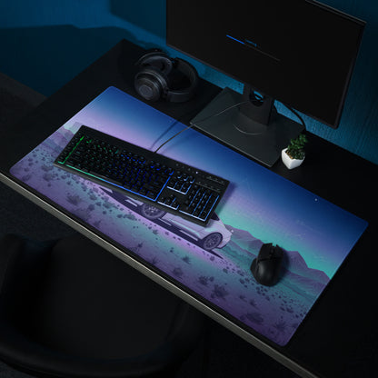 Ford Mustang GT Inspired White Vaporwave Gaming Mouse Pad – Blue Purple Desert Night Desk Mat with Retro Futuristic Mountains and Celestial Art