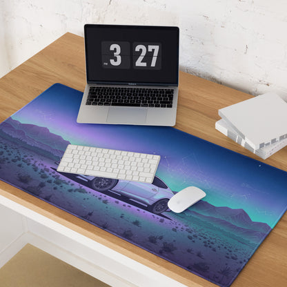Ford Mustang GT Inspired White Vaporwave Gaming Mouse Pad – Blue Purple Desert Night Desk Mat with Retro Futuristic Mountains and Celestial Art