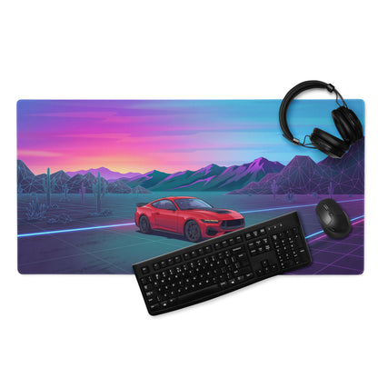 Ford Mustang Dark Horse Inspired Red Vaporwave Gaming Mouse Pad – Neon Blue Desert Highway Desk Mat with Retro Futuristic Mountains and Synthwave Art
