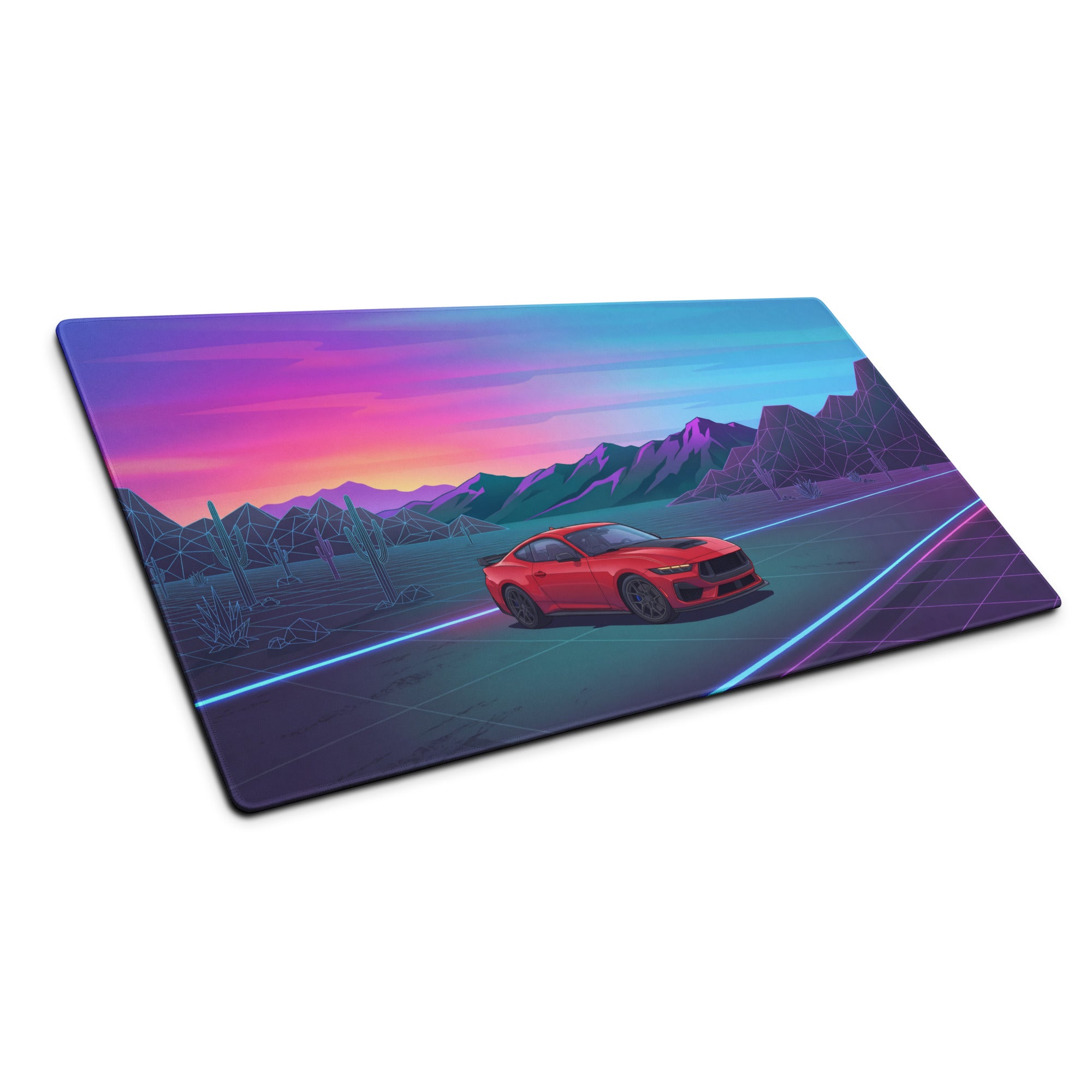 Ford Mustang Dark Horse Inspired Red Vaporwave Gaming Mouse Pad – Neon Blue Desert Highway Desk Mat with Retro Futuristic Mountains and Synthwave Art