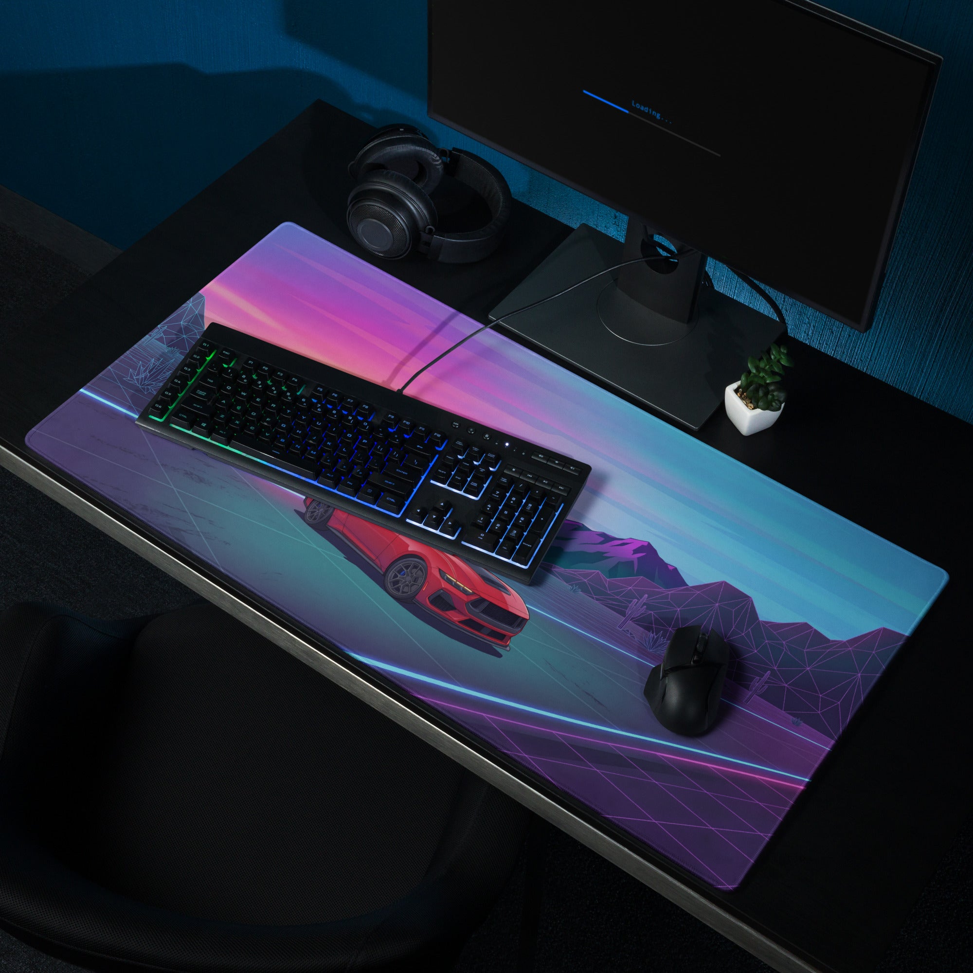 Ford Mustang Dark Horse Inspired Red Vaporwave Gaming Mouse Pad – Neon Blue Desert Highway Desk Mat with Retro Futuristic Mountains and Synthwave Art
