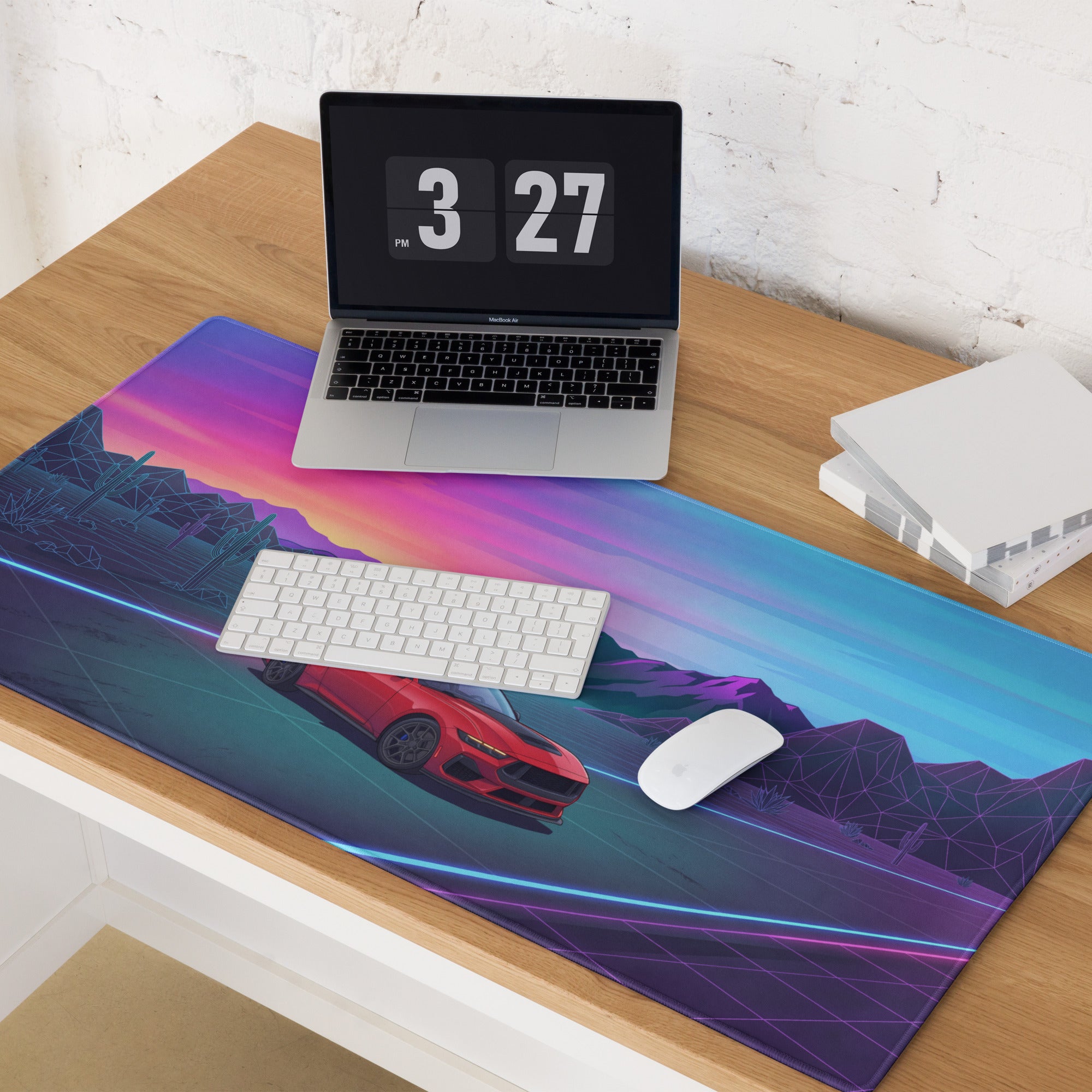 Ford Mustang Dark Horse Inspired Red Vaporwave Gaming Mouse Pad – Neon Blue Desert Highway Desk Mat with Retro Futuristic Mountains and Synthwave Art
