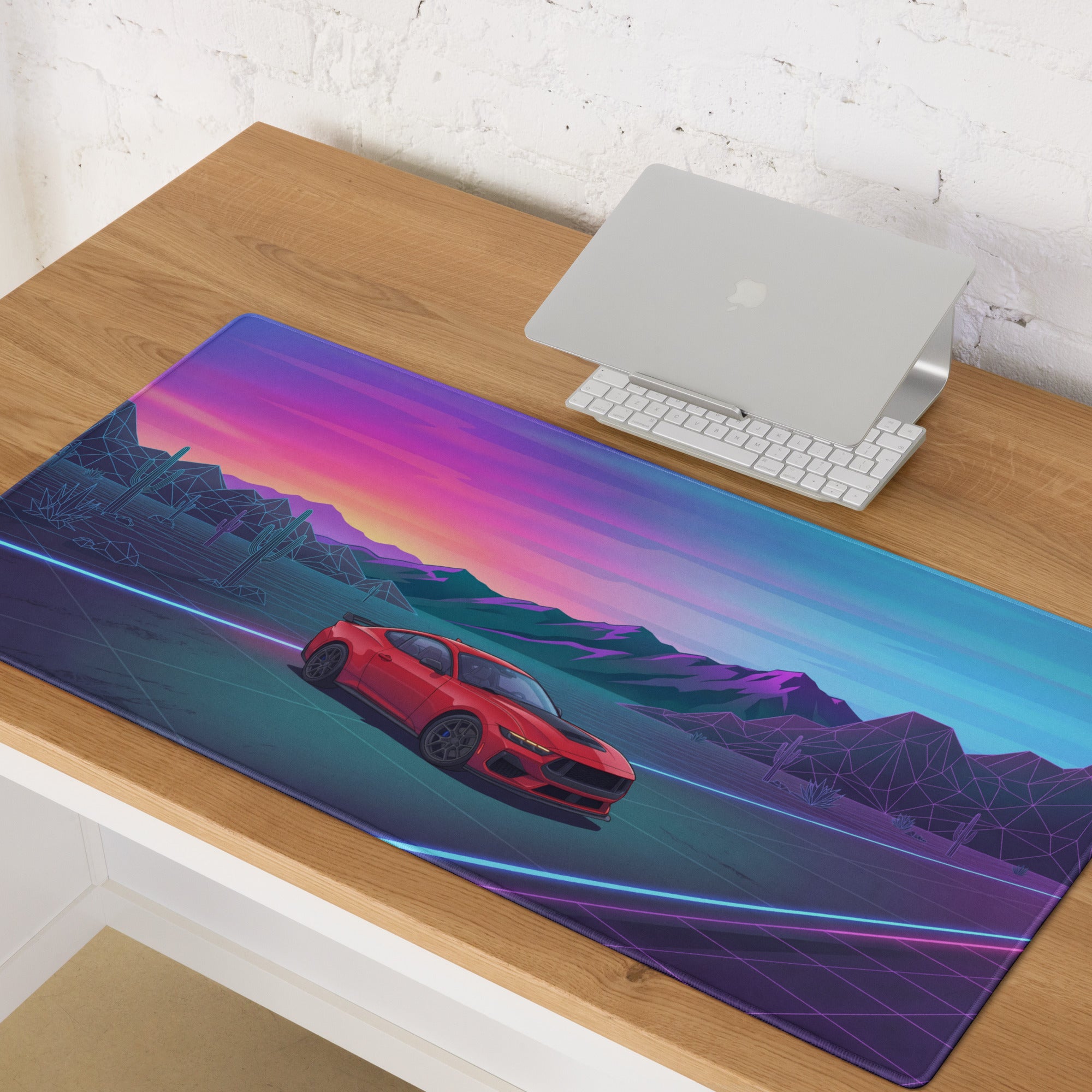 Ford Mustang Dark Horse Inspired Red Vaporwave Gaming Mouse Pad – Neon Blue Desert Highway Desk Mat with Retro Futuristic Mountains and Synthwave Art