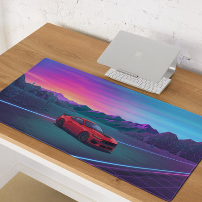 Ford Mustang Dark Horse Inspired Red Vaporwave Gaming Mouse Pad – Neon Blue Desert Highway Desk Mat with Retro Futuristic Mountains and Synthwave Art