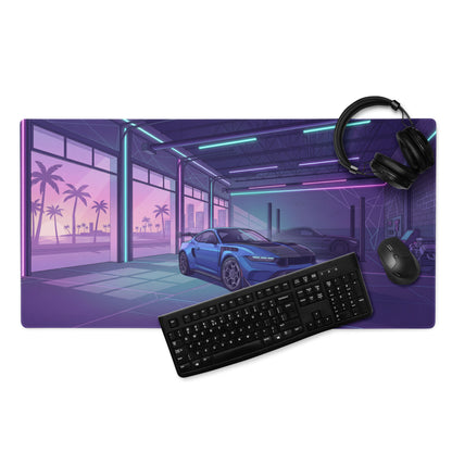 Ford Mustang GTD Inspired Blue Vaporwave Gaming Mouse Pad – Neon Purple Performance Garage Desk Mat with Retro Futuristic Palm Trees and Synthwave Art