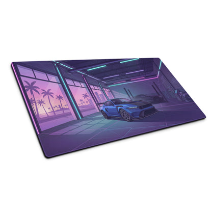 Ford Mustang GTD Inspired Blue Vaporwave Gaming Mouse Pad – Neon Purple Performance Garage Desk Mat with Retro Futuristic Palm Trees and Synthwave Art